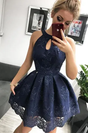 A Line Navy Blue Satin Short Homecoming Dress