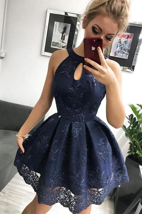 A Line Navy Blue Satin Short Homecoming Dress
