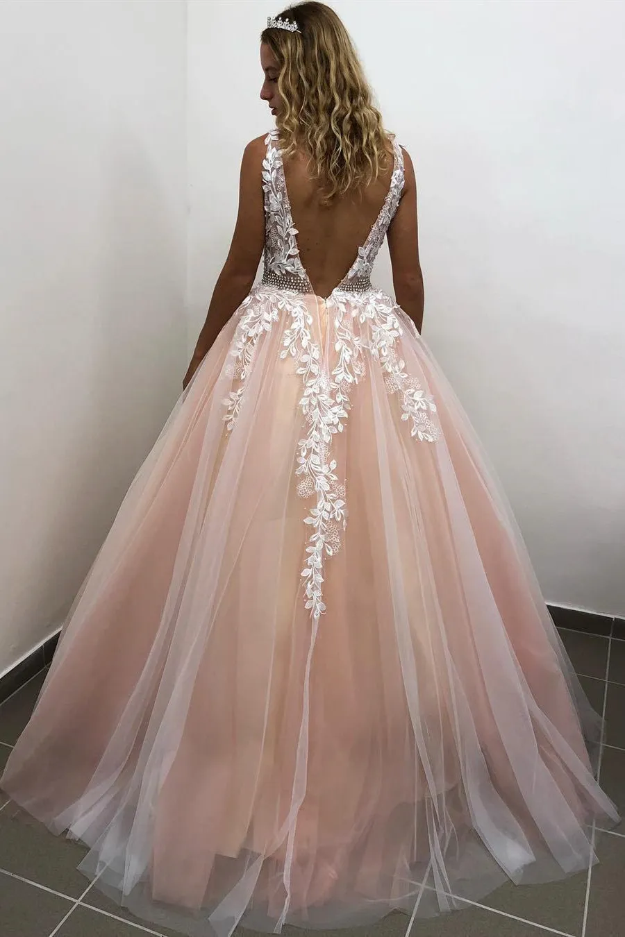 A Line V Neck Open Back Pink Lace Appliques Long Prom Dress, Backless Pink Lace Formal Dress, Pink Evening Dress