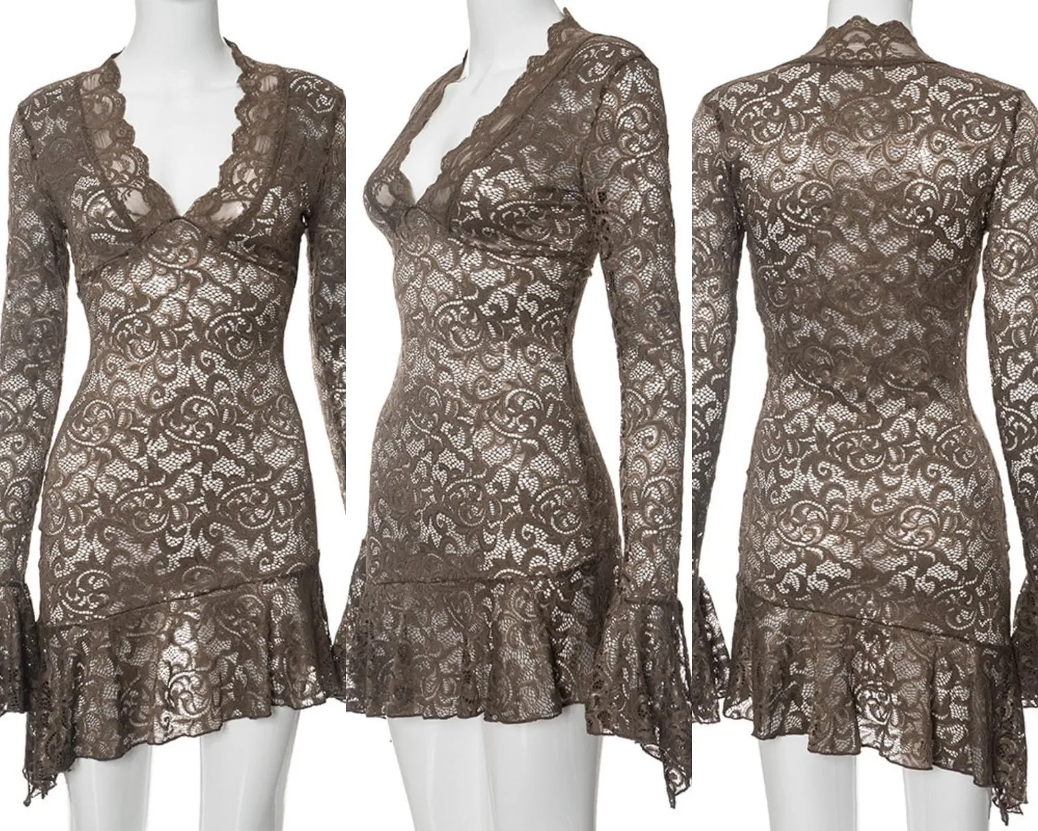 AIBEARTY Women's Sexy Sheer Mesh Lace Bodycon Dress Flared Long Sleeve V Neck Mini Dress Party Club Evening Dresses