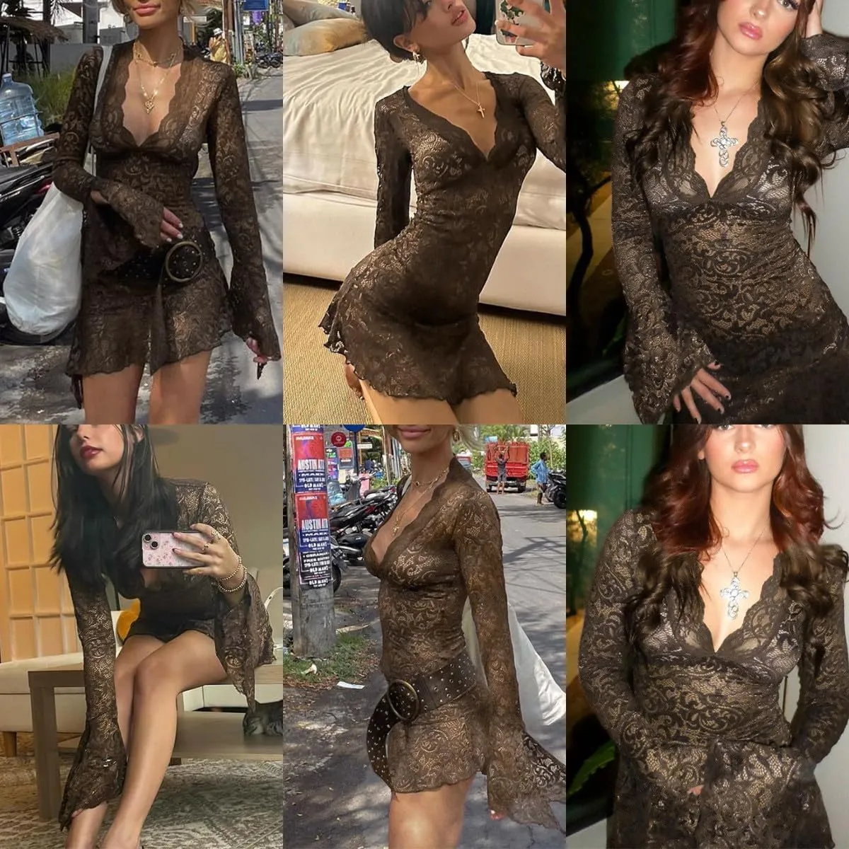 AIBEARTY Women's Sexy Sheer Mesh Lace Bodycon Dress Flared Long Sleeve V Neck Mini Dress Party Club Evening Dresses