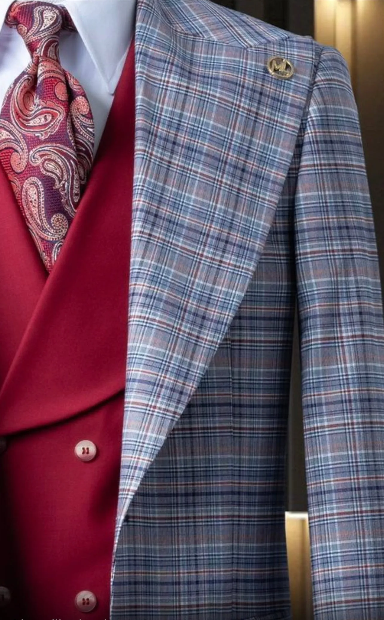 Alberto Bossi Blue & Red Plaid Compose Slim Fit 3pc Suit