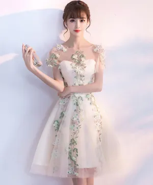 Champagne Tulle Lace Applique Short Prom Dress Homecoming Dress