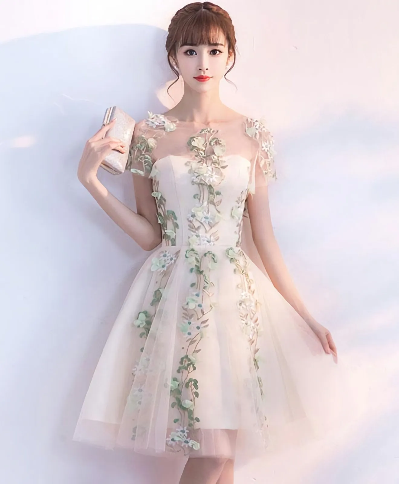 Champagne Tulle Lace Applique Short Prom Dress Homecoming Dress