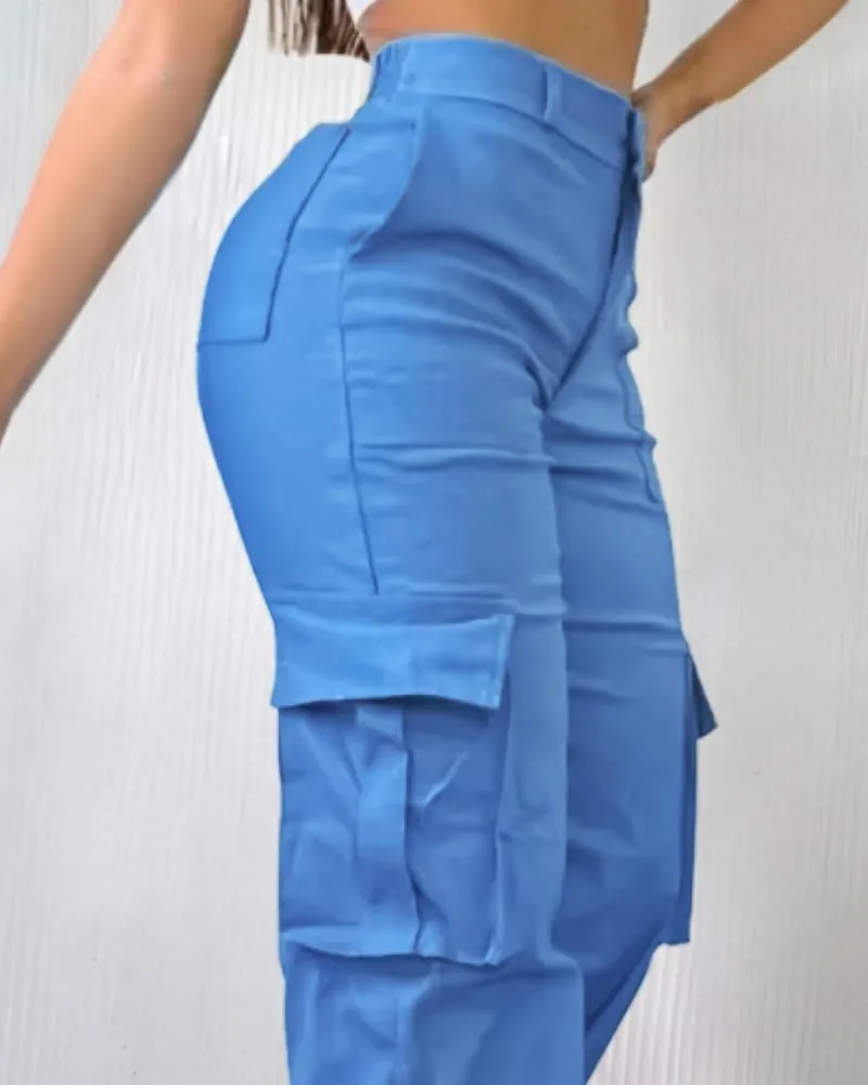CHICME Women High Waisted Cargo Pants Button Down Casual Loose Fit Trendy Work Trousers with 6 Pockets