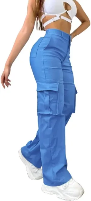 CHICME Women High Waisted Cargo Pants Button Down Casual Loose Fit Trendy Work Trousers with 6 Pockets