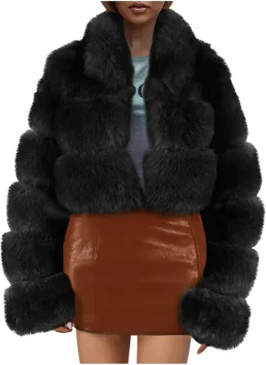 Cropped Puffy Teddy Jacket for Women Fluffy Faux Fur Coat Winter Warm Fuzzy Outerwear Long Sleeve Parka Coat