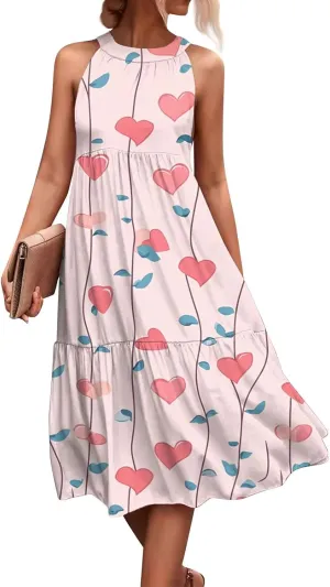 Dresses for Women 2025 Sleeveless Floral Print Tank Dresses Hanging Neck Splicing Midi Dresses Loose Sundresses