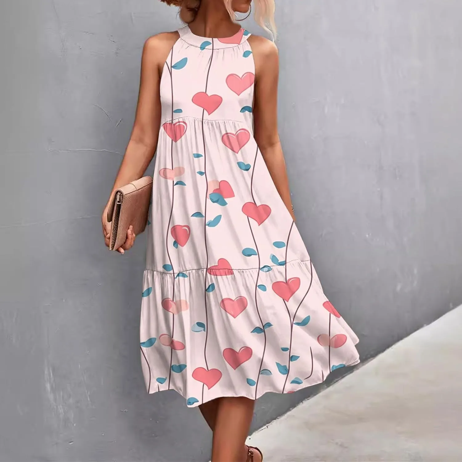 Dresses for Women 2025 Sleeveless Floral Print Tank Dresses Hanging Neck Splicing Midi Dresses Loose Sundresses