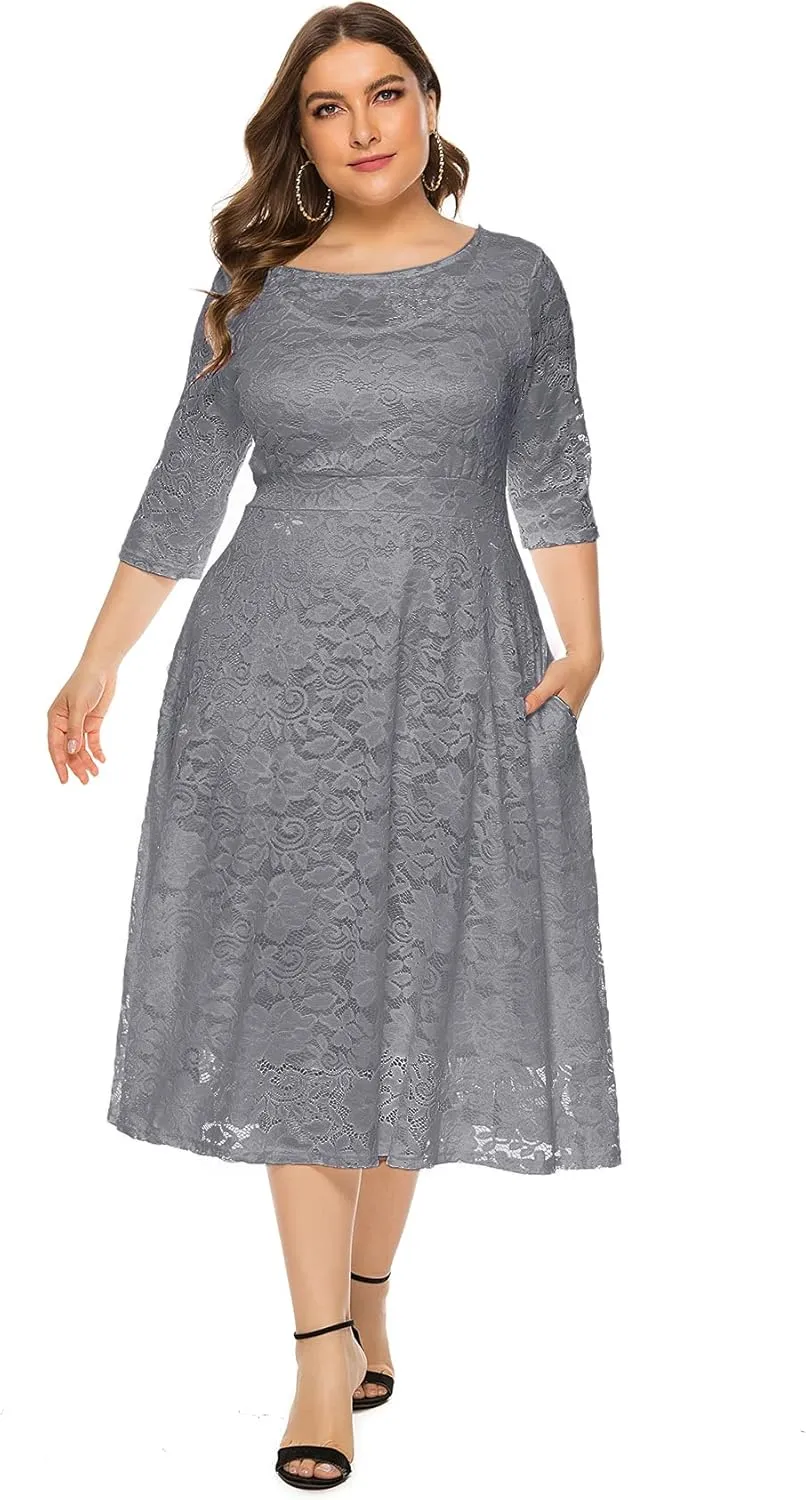 Eternatastic Womens Floral lace Plus Size Midi Dress Scooped Neckline Cocktail Party Dresses