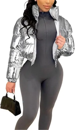 Halfword Women's Shiny Cropped Puffer Jacket Long Sleeve Solid Color Stand Neck Winter Down Coat