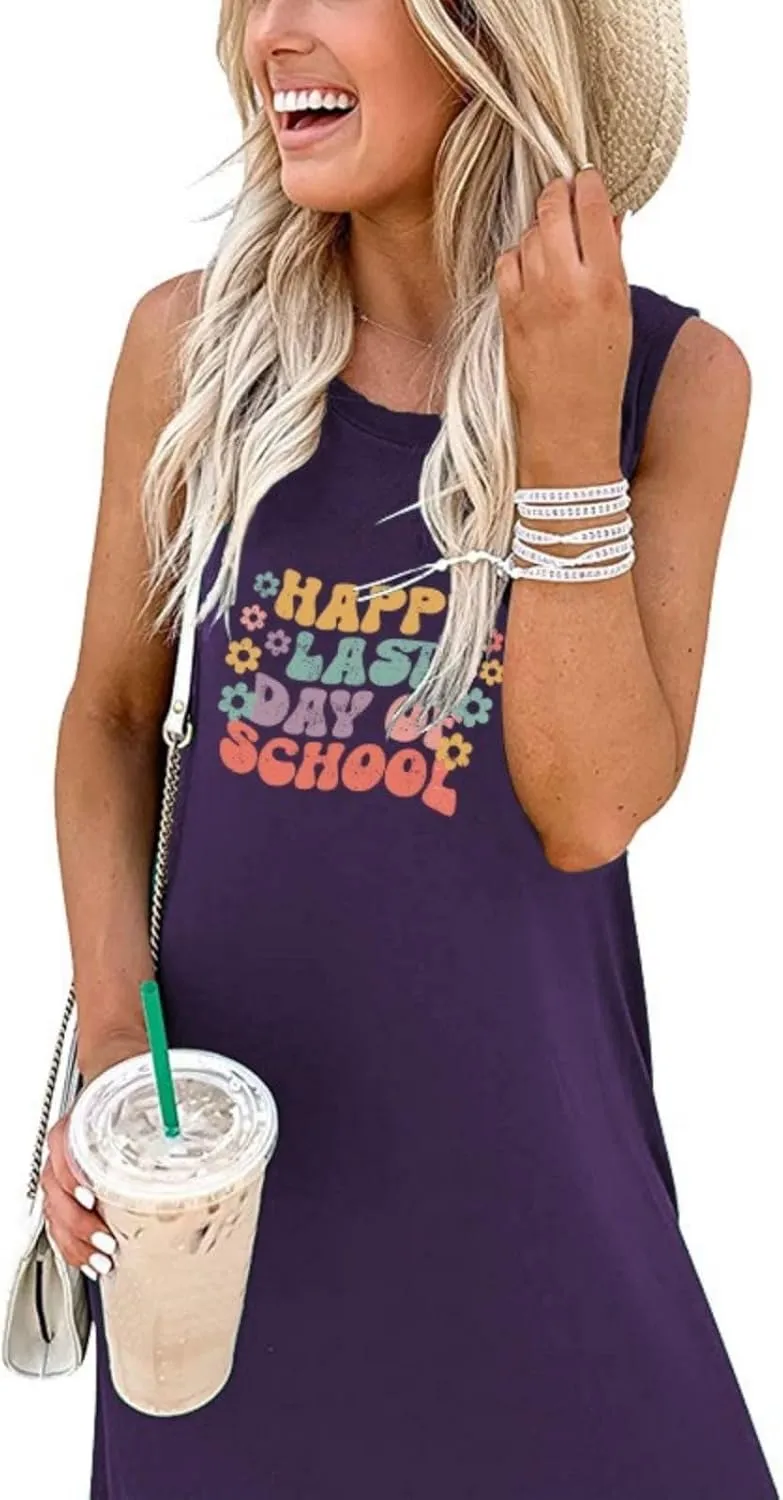 Happy Last Day of School Dress for Women Teacher Maxi Tank Dress Sleeveless Dresses with Pocket Sleeveless Dress
