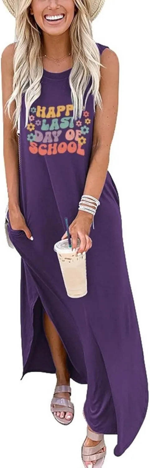Happy Last Day of School Dress for Women Teacher Maxi Tank Dress Sleeveless Dresses with Pocket Sleeveless Dress