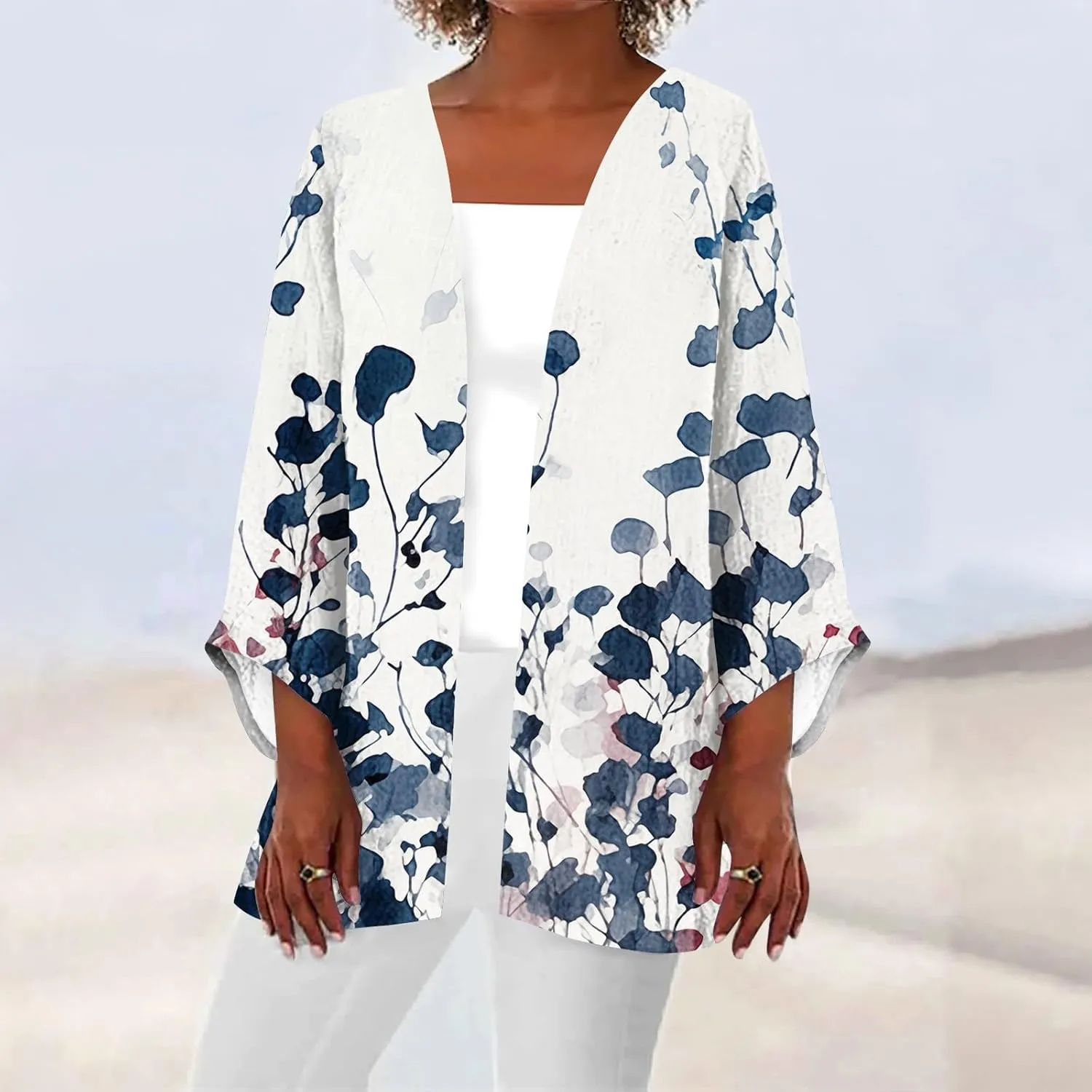 Hawaiian Boho Lightweight Jackets for Women Floral Print Puff Sleeve Kimono Cardigan Loose Cover Up Casual Blouse Top