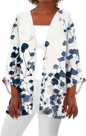 Hawaiian Boho Lightweight Jackets for Women Floral Print Puff Sleeve Kimono Cardigan Loose Cover Up Casual Blouse Top