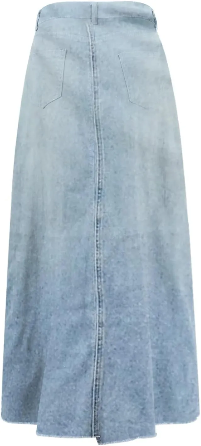 Jean Skirts for Women Denim High Waisted Vintage Raw Hem Long Denim Skirt Summer A-line Y2k Maxi Skirt with Pockets