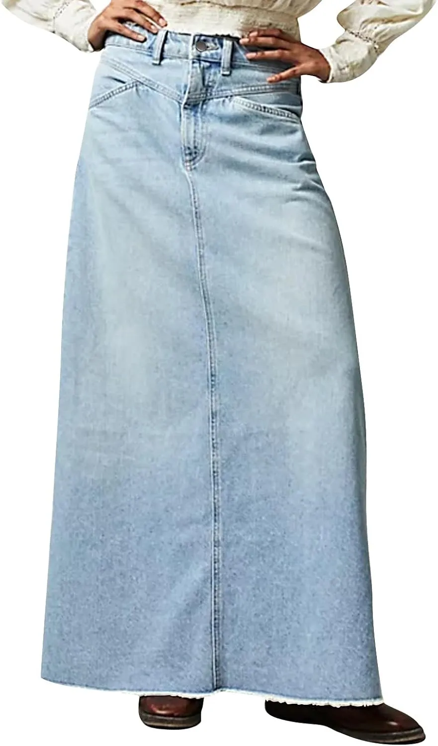 Jean Skirts for Women Denim High Waisted Vintage Raw Hem Long Denim Skirt Summer A-line Y2k Maxi Skirt with Pockets
