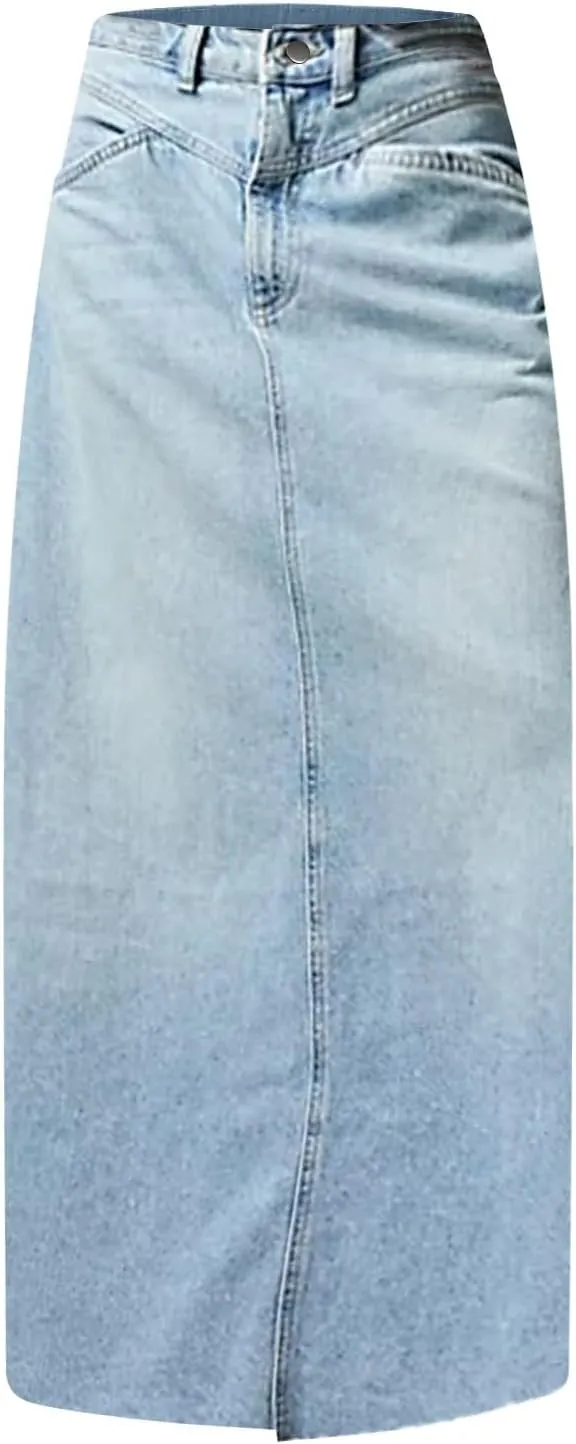 Jean Skirts for Women Denim High Waisted Vintage Raw Hem Long Denim Skirt Summer A-line Y2k Maxi Skirt with Pockets