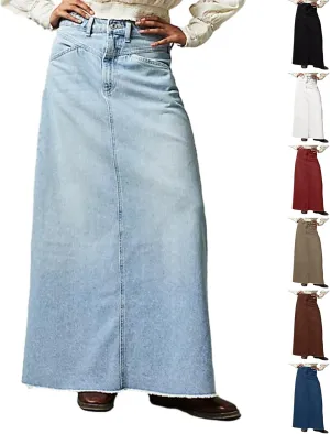 Jean Skirts for Women Denim High Waisted Vintage Raw Hem Long Denim Skirt Summer A-line Y2k Maxi Skirt with Pockets