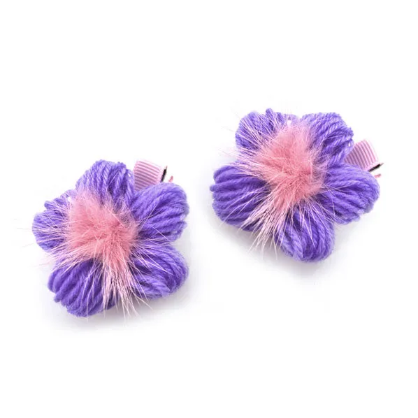 Lilac Yarn Flower Hair Clips with Fur [Pair]