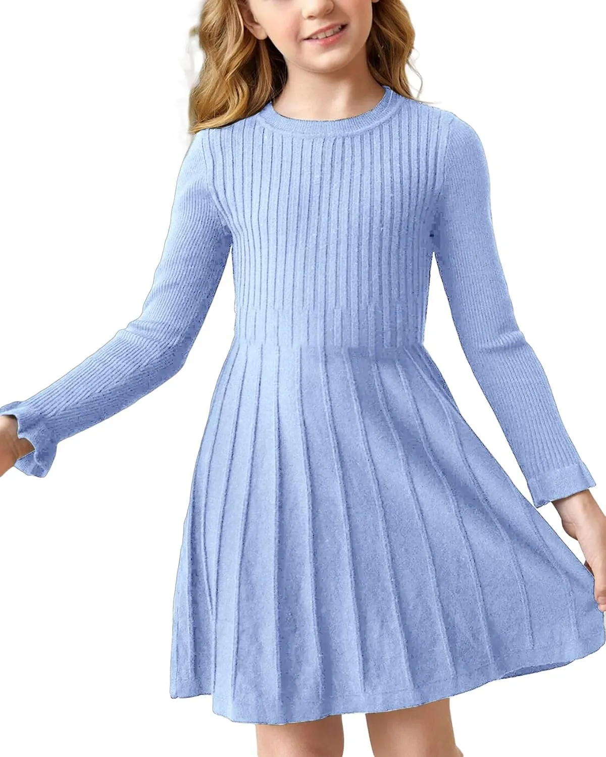 Little Girls Knit Sweater Dress Long Sleeve Ribbed Ruffle Dress Kids Pullover Dresses