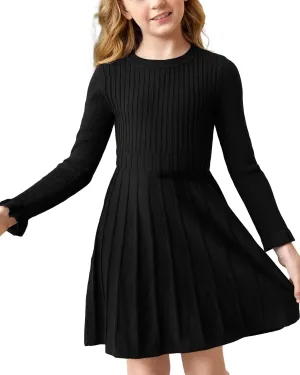 Little Girls Knit Sweater Dress Long Sleeve Ribbed Ruffle Dress Kids Pullover Dresses