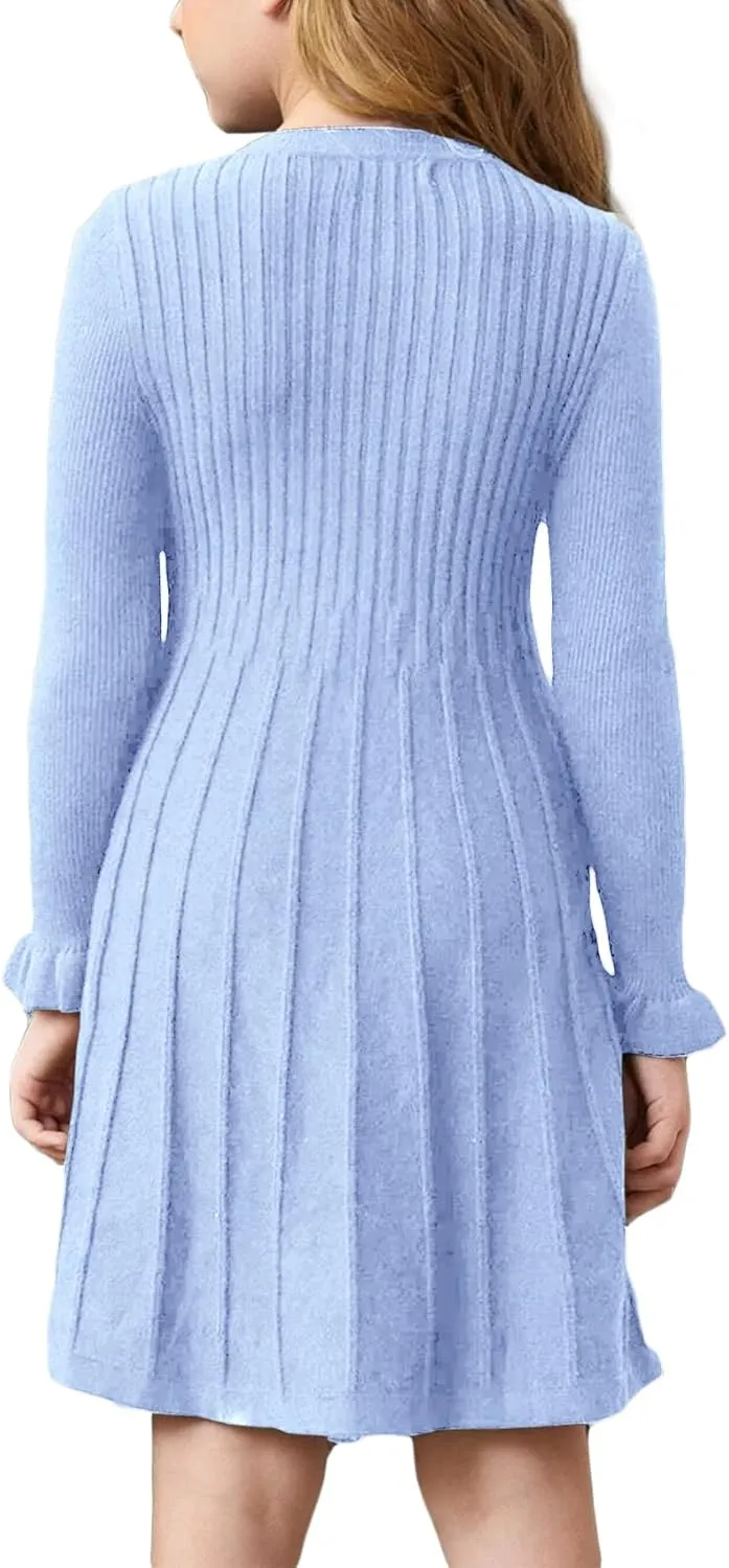 Little Girls Knit Sweater Dress Long Sleeve Ribbed Ruffle Dress Kids Pullover Dresses