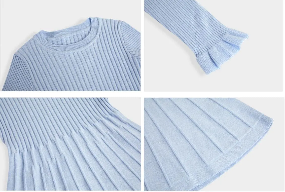 Little Girls Knit Sweater Dress Long Sleeve Ribbed Ruffle Dress Kids Pullover Dresses