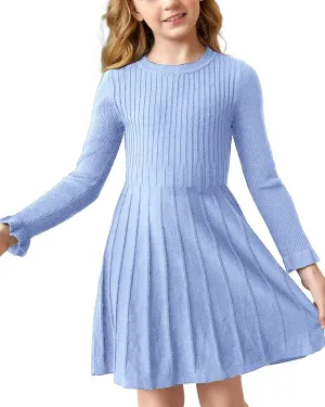 Little Girls Knit Sweater Dress Long Sleeve Ribbed Ruffle Dress Kids Pullover Dresses