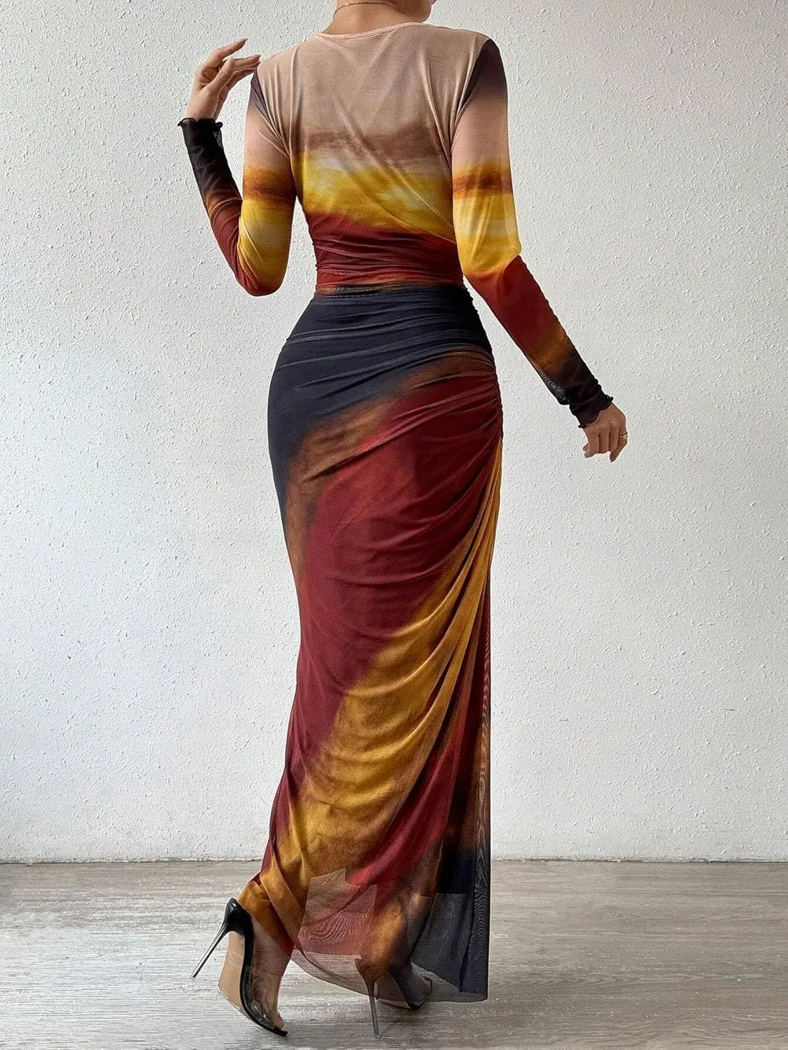MARZXIN Womens Long Sleeve Maxi Dress Bodycon Ruched Natural Slim Fit Tie Dye Dress Cocktail Dresses Mesh Dress