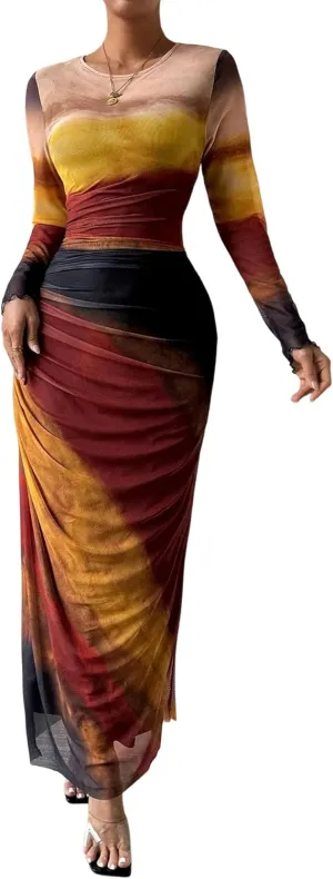 MARZXIN Womens Long Sleeve Maxi Dress Bodycon Ruched Natural Slim Fit Tie Dye Dress Cocktail Dresses Mesh Dress