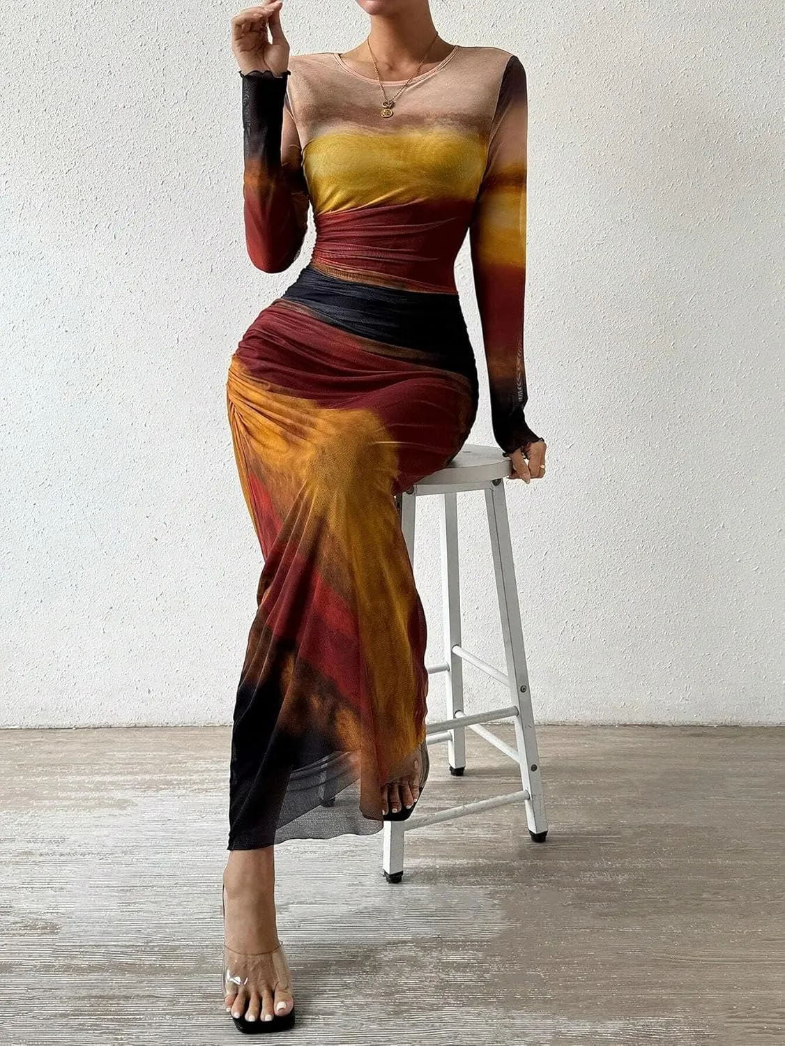 MARZXIN Womens Long Sleeve Maxi Dress Bodycon Ruched Natural Slim Fit Tie Dye Dress Cocktail Dresses Mesh Dress