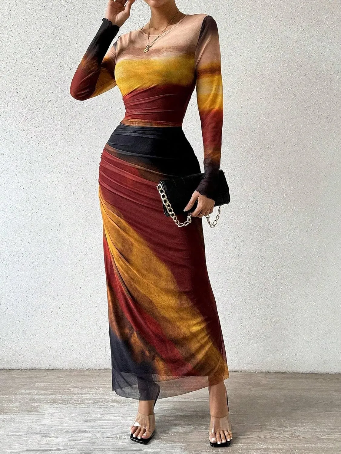 MARZXIN Womens Long Sleeve Maxi Dress Bodycon Ruched Natural Slim Fit Tie Dye Dress Cocktail Dresses Mesh Dress