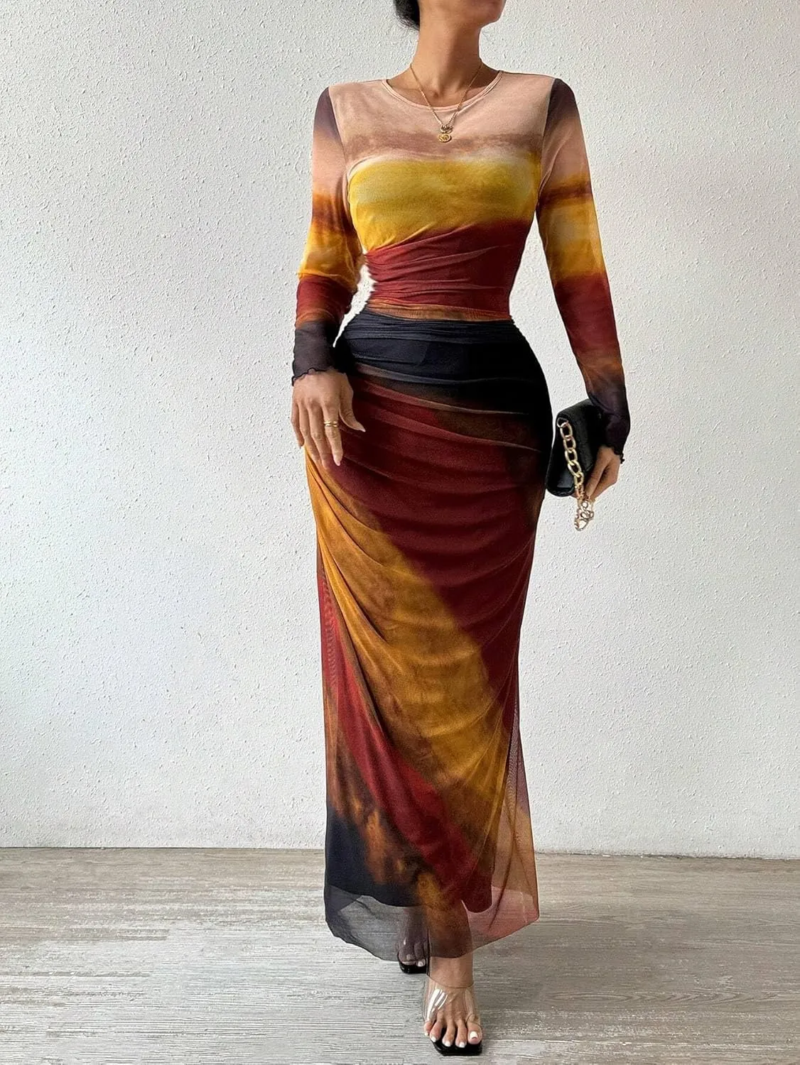 MARZXIN Womens Long Sleeve Maxi Dress Bodycon Ruched Natural Slim Fit Tie Dye Dress Cocktail Dresses Mesh Dress