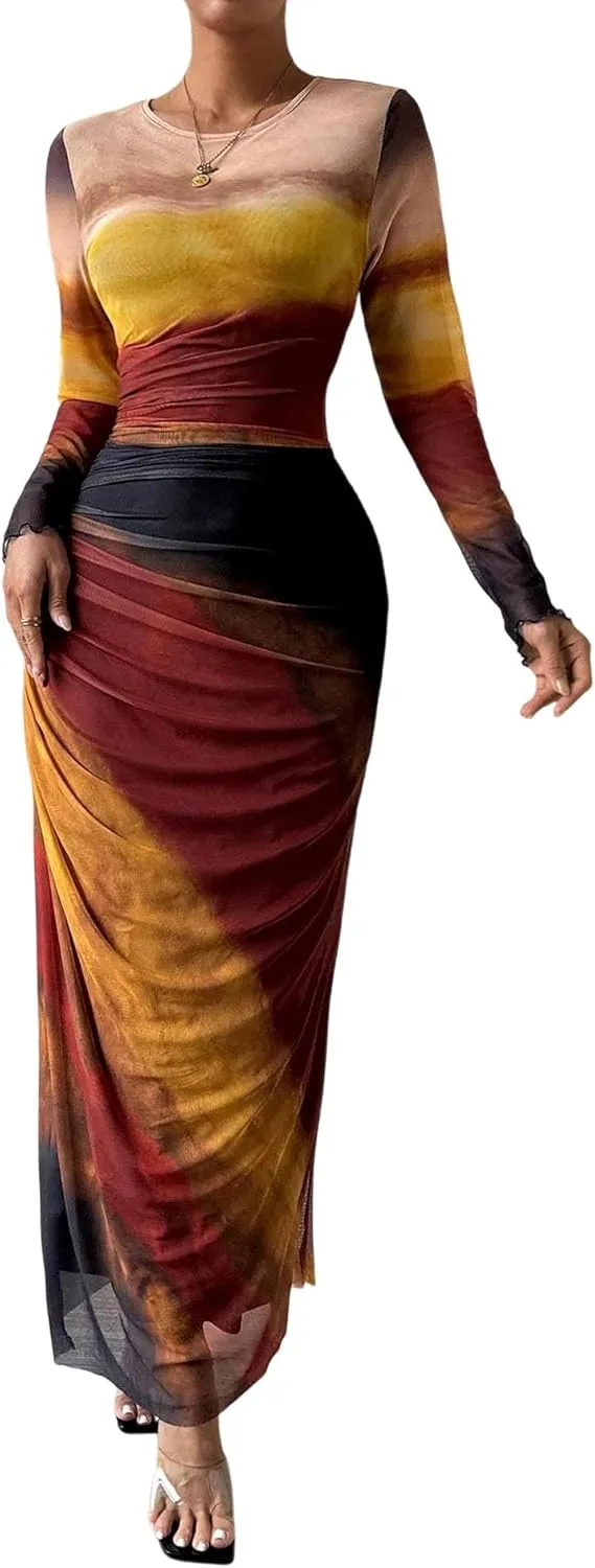 MARZXIN Womens Long Sleeve Maxi Dress Bodycon Ruched Natural Slim Fit Tie Dye Dress Cocktail Dresses Mesh Dress