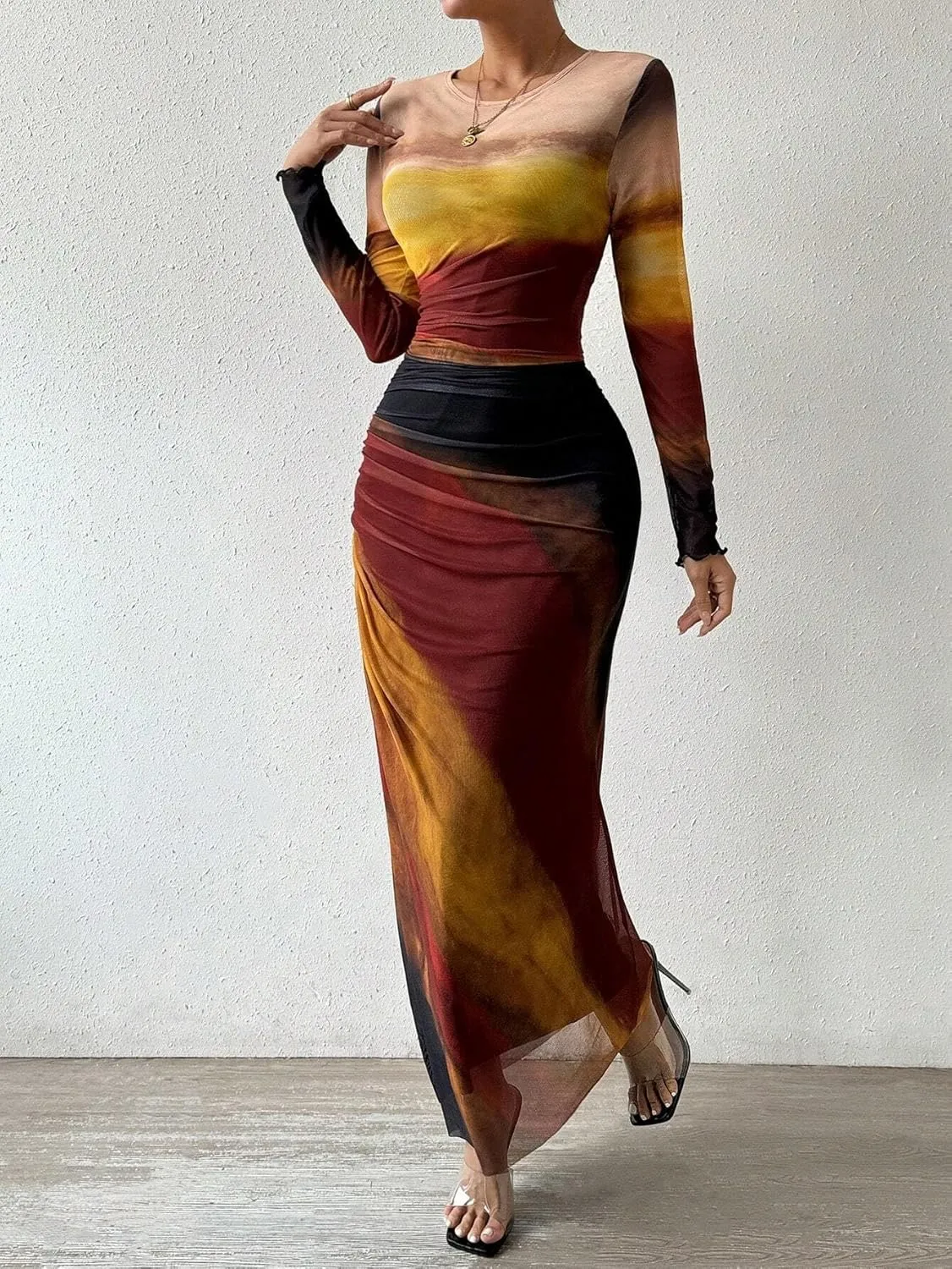 MARZXIN Womens Long Sleeve Maxi Dress Bodycon Ruched Natural Slim Fit Tie Dye Dress Cocktail Dresses Mesh Dress
