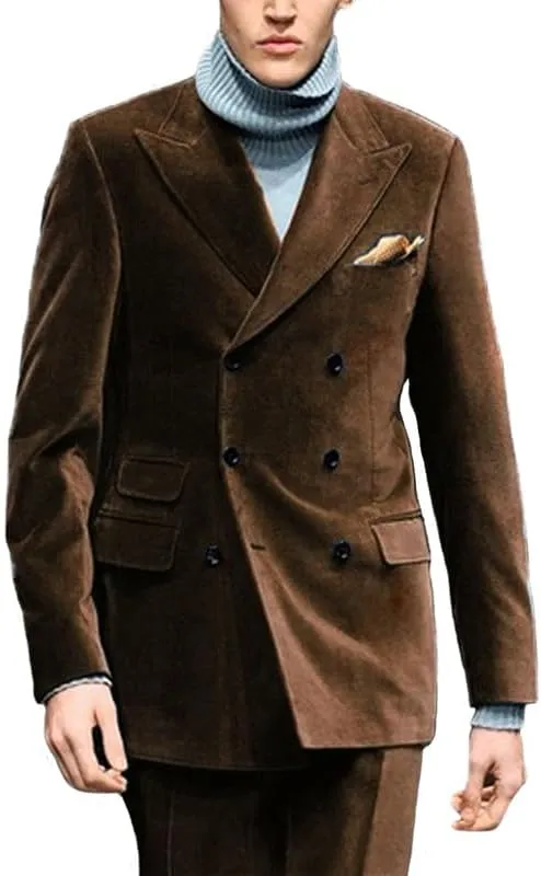 Mens Velvet Suit Jacket Double Breasted Suit 2 Piece Groom Tuxedos Slim Fit Wedding Blazers JXZ003