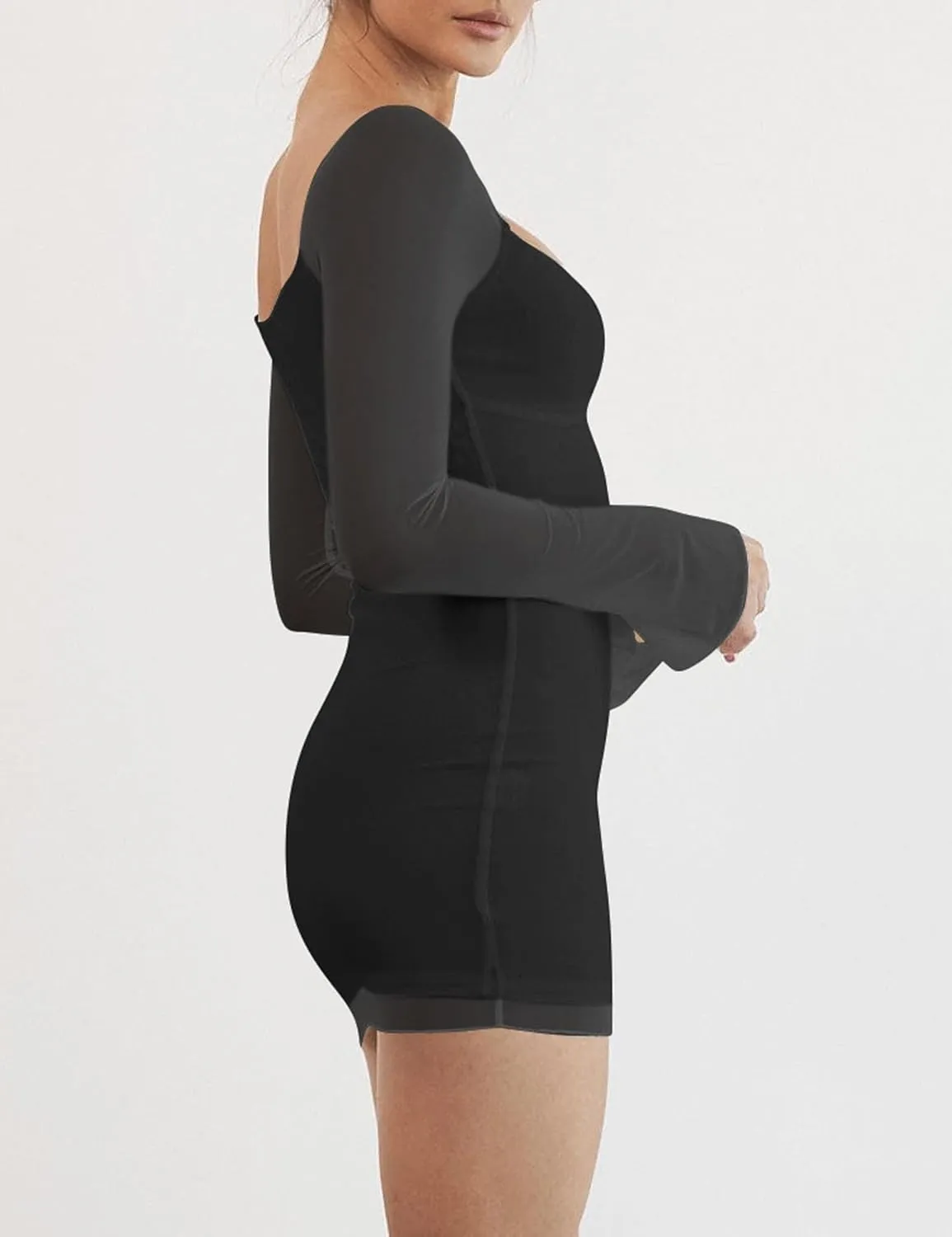 Mokoru Women's Sexy Bodycon Mesh Long Sleeve Square Neck Mini Party Short Dress