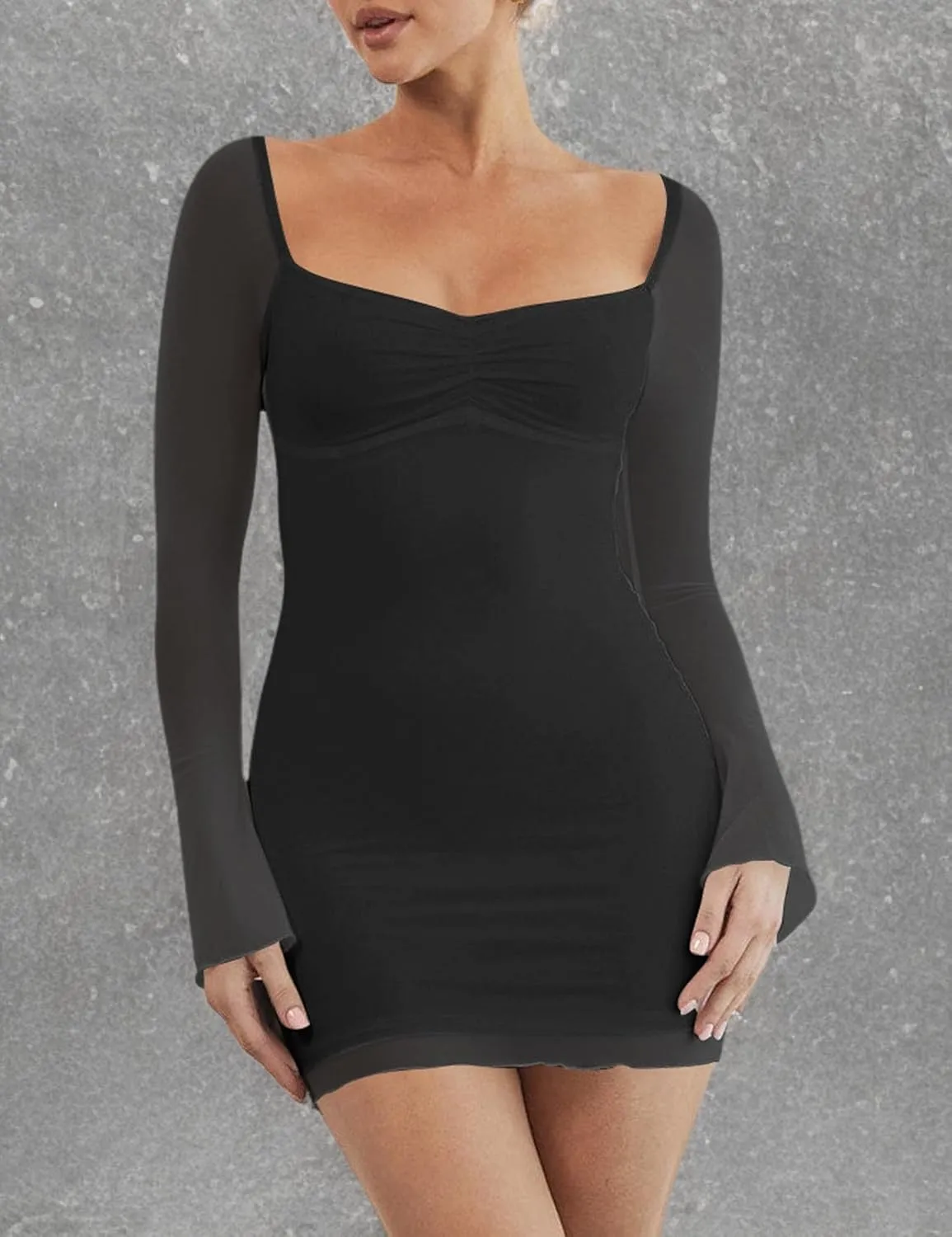 Mokoru Women's Sexy Bodycon Mesh Long Sleeve Square Neck Mini Party Short Dress