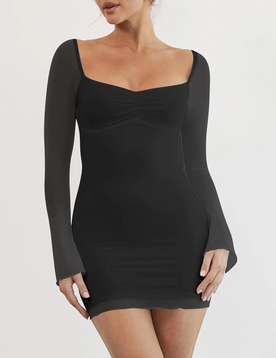Mokoru Women's Sexy Bodycon Mesh Long Sleeve Square Neck Mini Party Short Dress