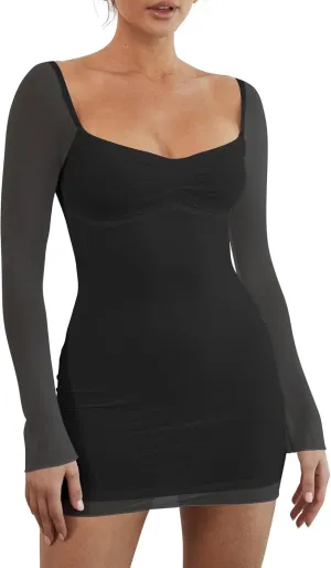 Mokoru Women's Sexy Bodycon Mesh Long Sleeve Square Neck Mini Party Short Dress