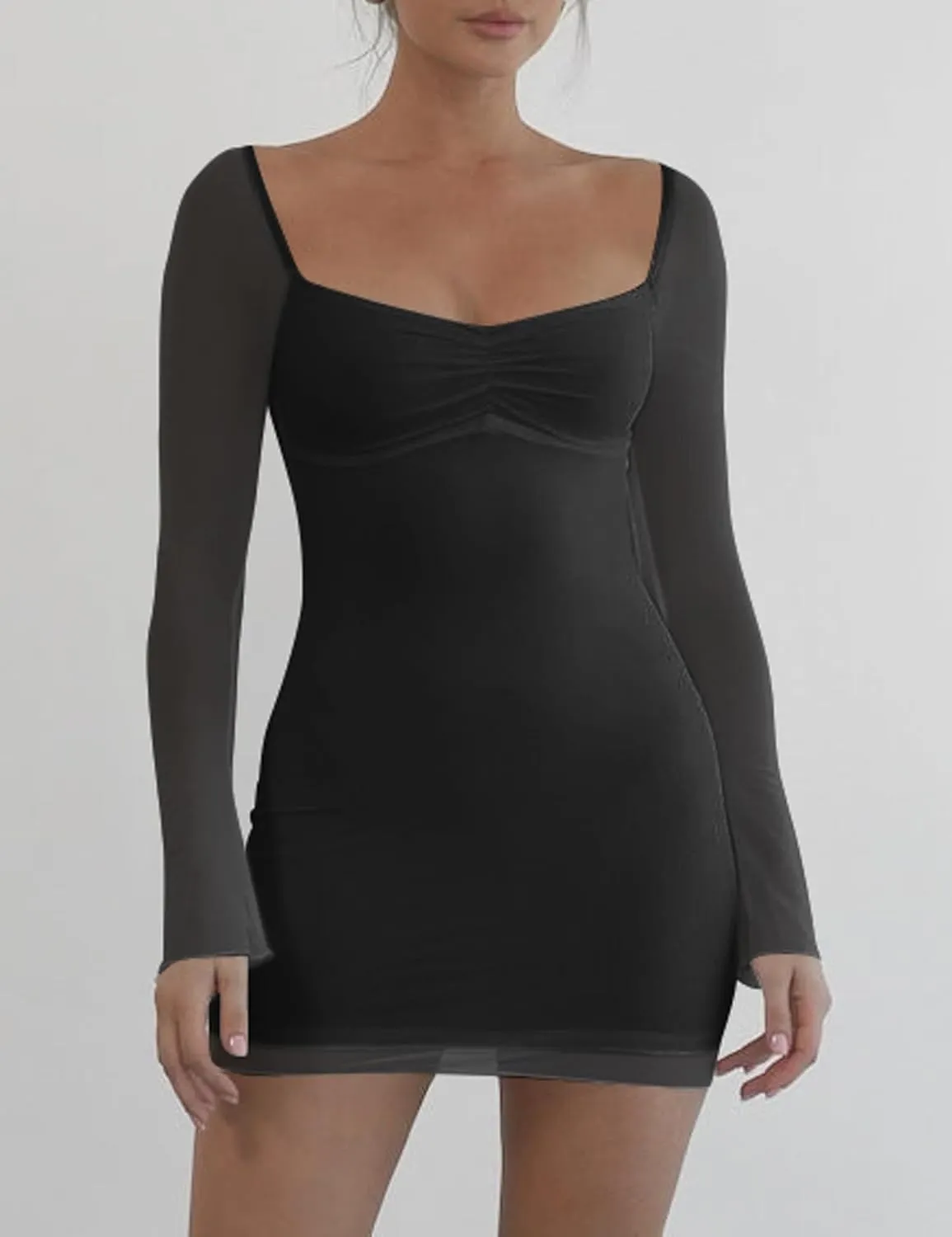 Mokoru Women's Sexy Bodycon Mesh Long Sleeve Square Neck Mini Party Short Dress