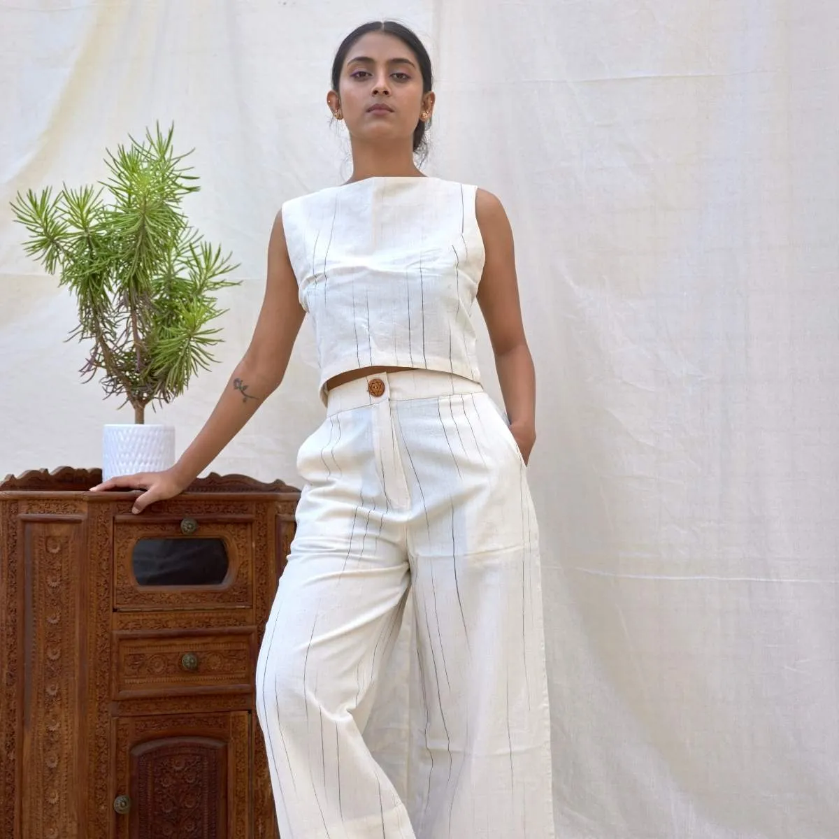 Natural Stripes |  High-Waisted Crop Pants