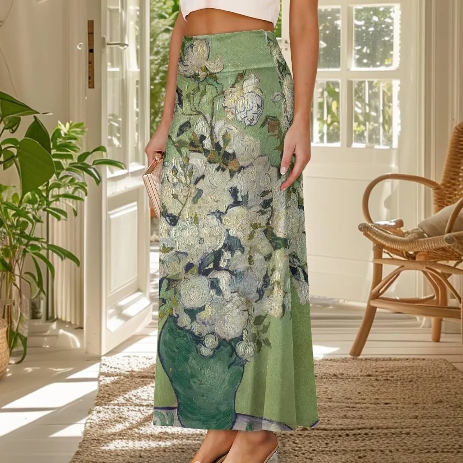 Oil Painting Printed Women's Party Long Flare Maxi Zipper Elegant Skirt High Waisted A-Link Long Maxi Skirt
