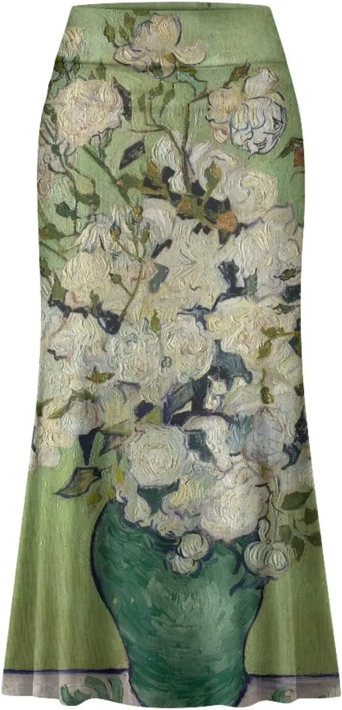 Oil Painting Printed Women's Party Long Flare Maxi Zipper Elegant Skirt High Waisted A-Link Long Maxi Skirt