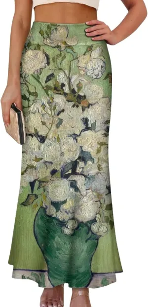 Oil Painting Printed Women's Party Long Flare Maxi Zipper Elegant Skirt High Waisted A-Link Long Maxi Skirt