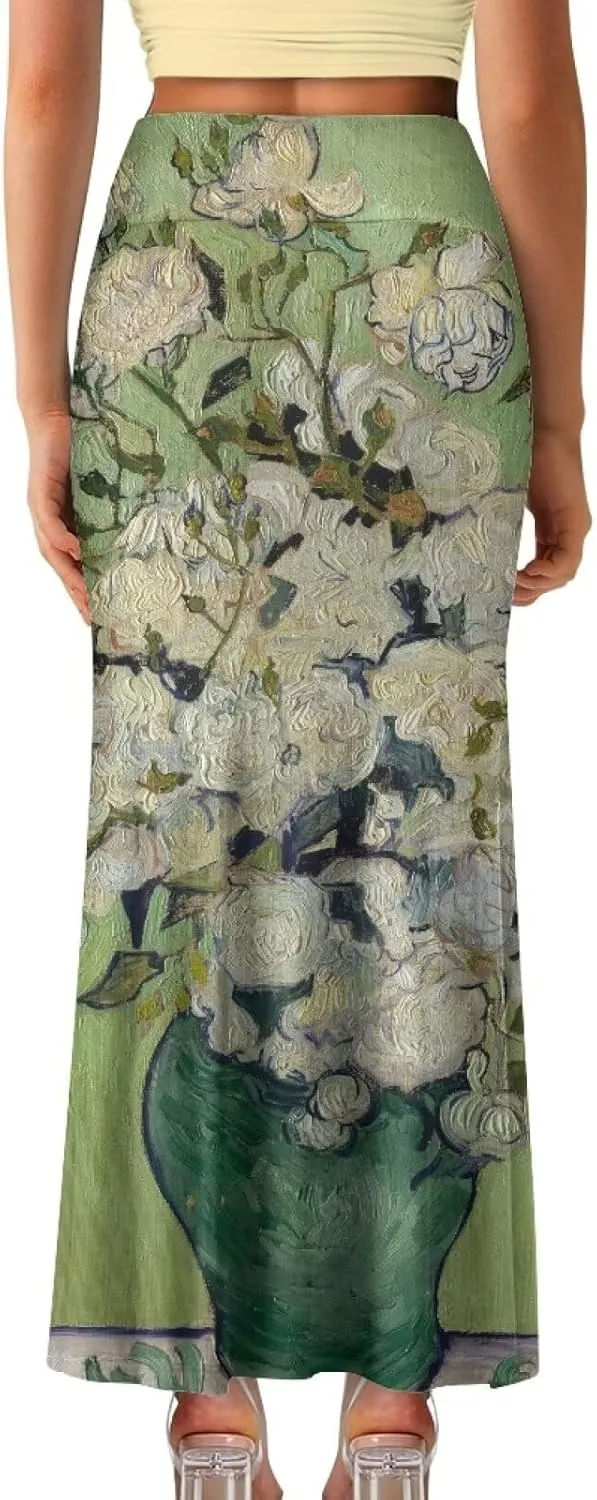 Oil Painting Printed Women's Party Long Flare Maxi Zipper Elegant Skirt High Waisted A-Link Long Maxi Skirt