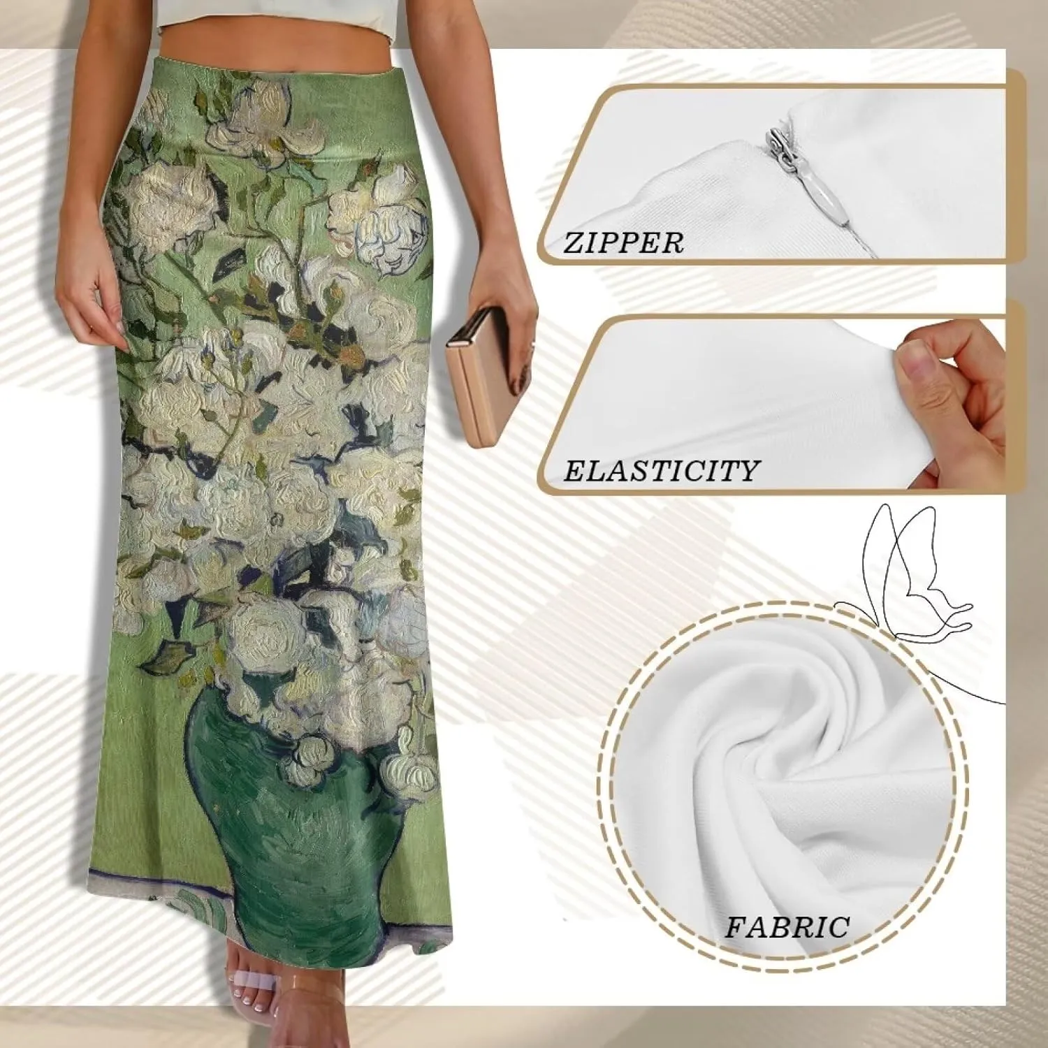Oil Painting Printed Women's Party Long Flare Maxi Zipper Elegant Skirt High Waisted A-Link Long Maxi Skirt