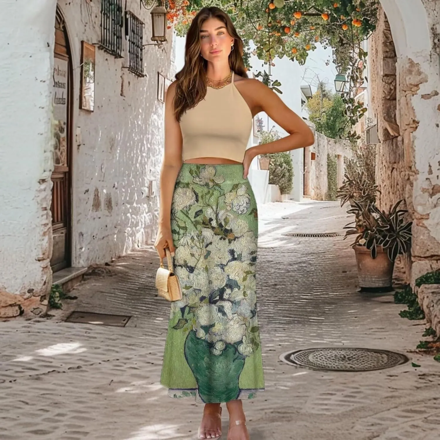 Oil Painting Printed Women's Party Long Flare Maxi Zipper Elegant Skirt High Waisted A-Link Long Maxi Skirt