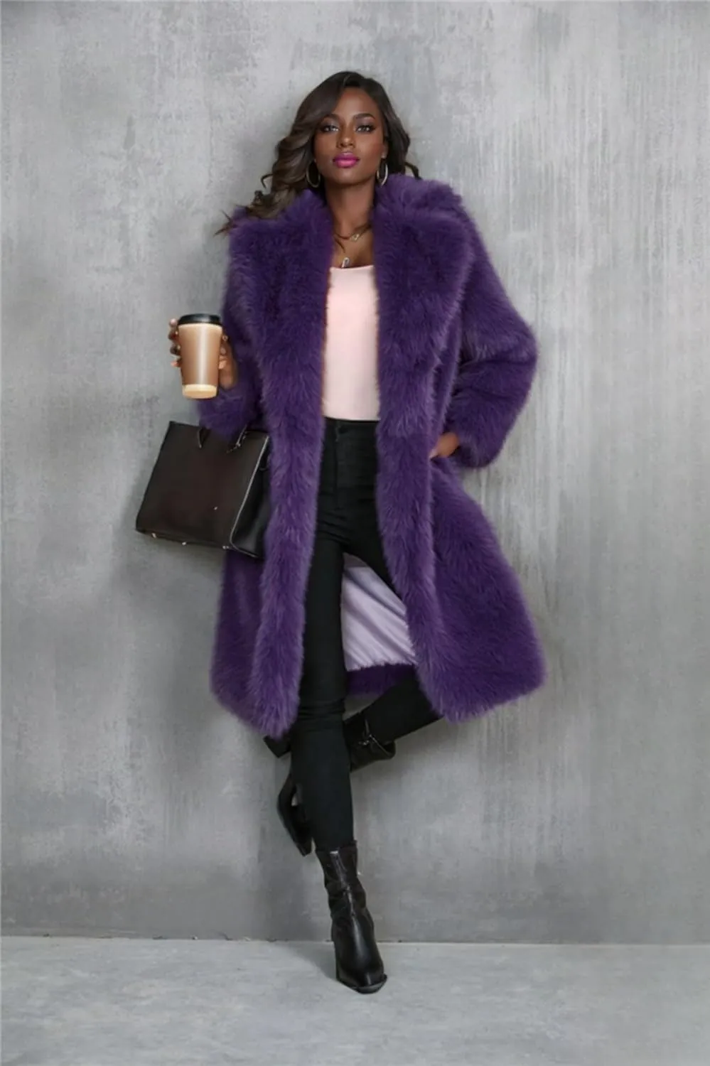 Purple Women's Knee Length Faux Fur Coat Warm Soft Fur Overcoat Outwear Jacket